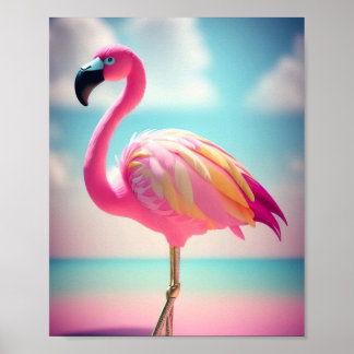 Pastellblått och rosa flamingo-teckningar poster