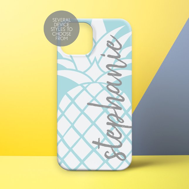 Pastellblått och vitt Trendig Ananas med Namn (Personalized Phone Case - Trendy Pineapple)