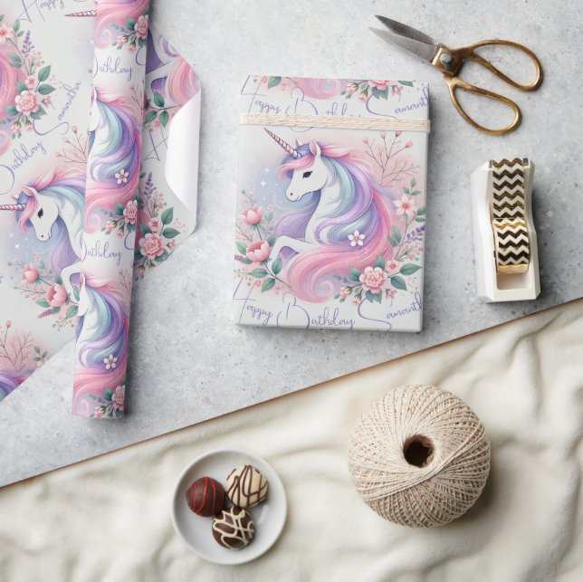 PastellBlommigt och Unicorn Wrapping Papper Presentpapper (Hantverk)
