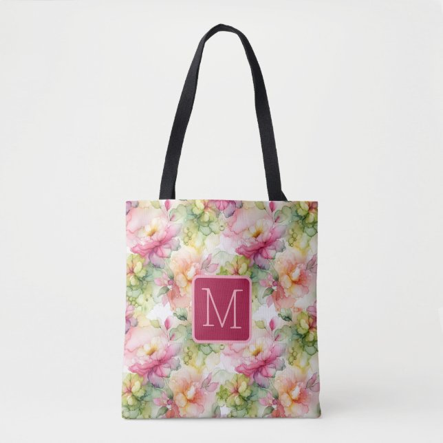 Pastellblommor Alkoholbläck Färgblock Monogram Tygkasse (Framsida)