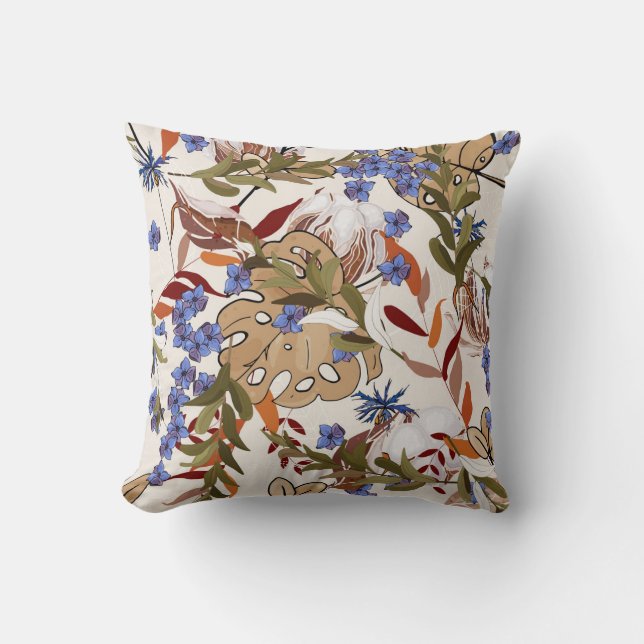 Pastellblommor flödar med grönt löv. Re Kudde (Framsida)