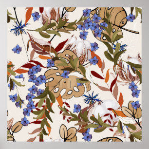 Pastellblommor flödar med grönt löv. Re Poster
