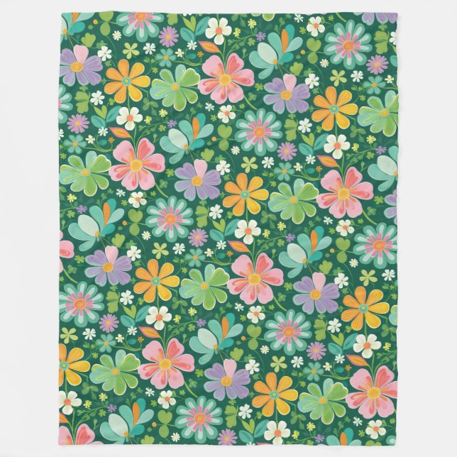 Pastellblommor i Rosans Lila, Orange och Grönt Fleecefilt (Framsidan)