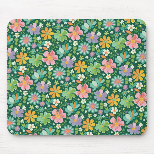 Pastellblommor i Rosans Lila, Orange och Grönt Musmatta (Framsidan)
