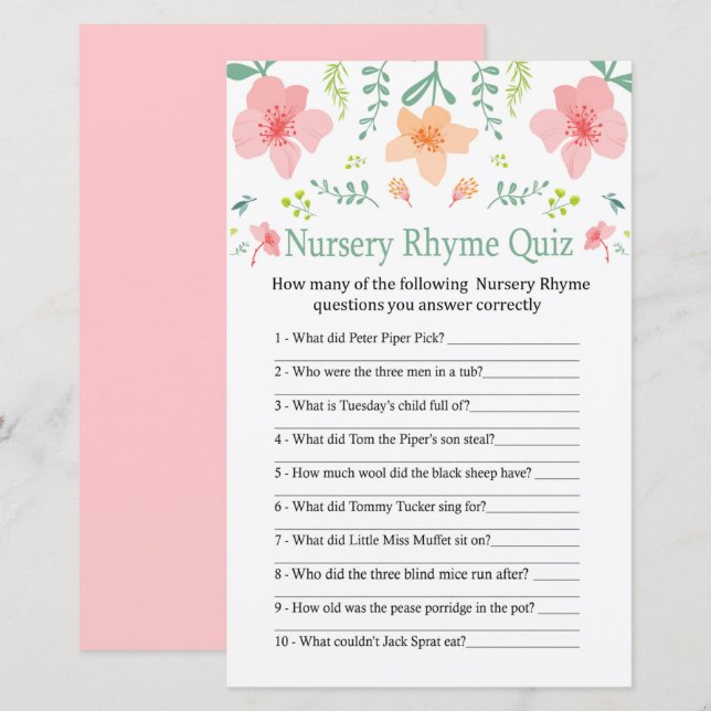 Pastellblommor Nursery Rhyme Quiz babyduschspel (Fram/baksida)