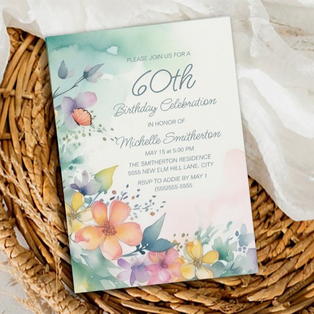 Pastellblommor, Rosa, 60:e födelsedagen, Gult Inbjudningar (Teal, pink, yellow floral 60th birthday party invitation)