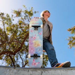 Pastellblommor & Rosa Fjärilar Regnbågsmoln Mini Skateboard Bräda 18,5 Cm