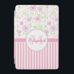 Pastellets rosa, lila, blommor, rosa och vitt rand iPad mini skydd<br><div class="desc">Pastellets rosa, lila, blommor, rosa och vitt rand har ett namn. Pastellernas rosa, lila, gröntens blommigt med bra, tunna, vinstockar och löv av grönt. Vid mitten namn, monogram på rosa ribbon och vit etikett och på grund pastel rosa white rand. Underbar personlig giftig gåva till henne för namngivande dag, födelsedag...</div>