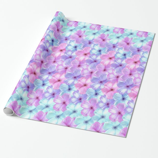 Pastellfärgad blom- lavendel- & Aquablåa blommor Presentpapper (Utrullad)