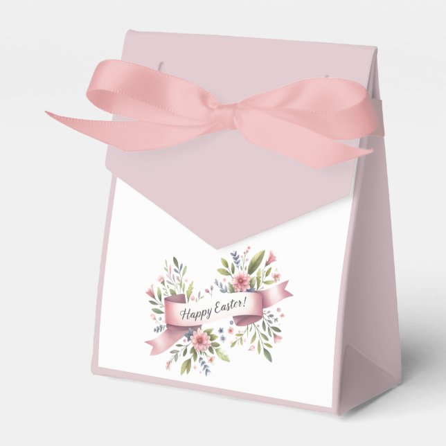 Pastellfärgad blomsterdekoration för påsk med rosa presentaskar (Framsidan Sidan)