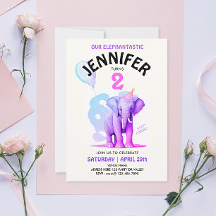 Pastellfärgad Elefant Vattenfärg Födelsedagsfest Inbjudningar