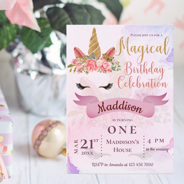 Pastellfärgad Enhörning  Blommig Födelsedagsfestin (Pastel Unicorn Floral Birthday Party Invitation)