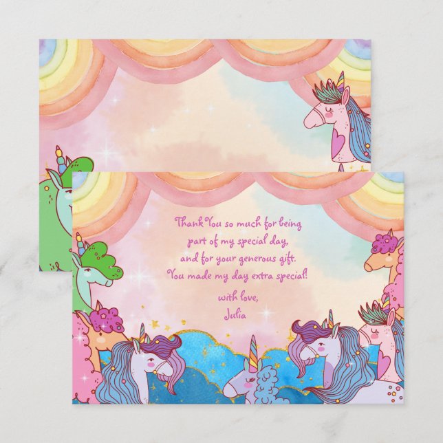 Pastellfärgad enhörning regnbågar Barnkalas Tack Kort (Fram/baksida)