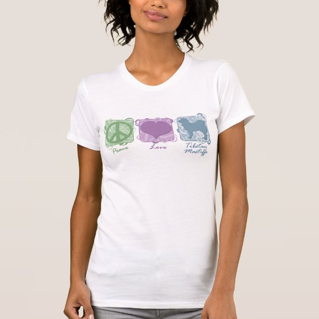 Pastellfärgad fred, kärlek och tibetana Mastiffs T-shirt (Framsida)