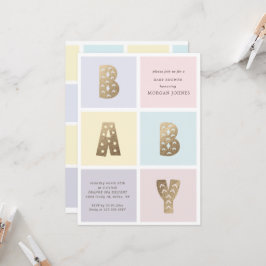 Pastellfärgad guldblock baby shower-inbjudan