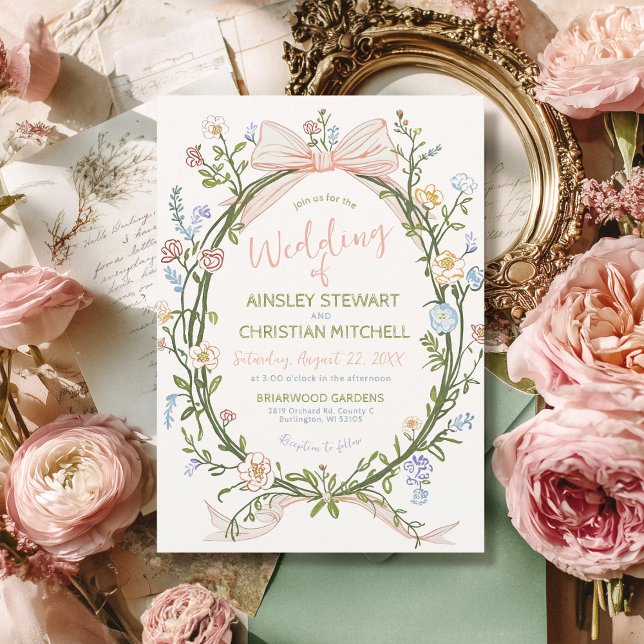 Pastellfärgad Handritad Vintage Blommig Slinga Grö Inbjudningar (Hand drawn pastel sage green and pink vintage floral pink coquette bow Rococo QR code wedding invite)