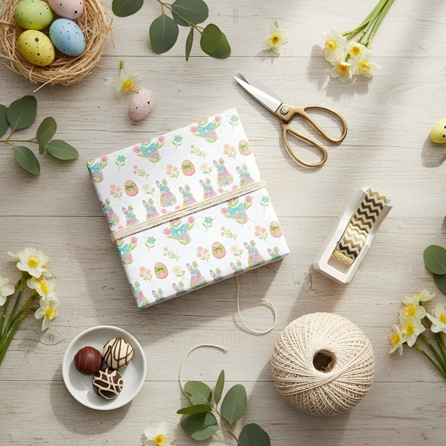 Pastellfärgad kanin med rosett påskmönster presentpapper (Skapare uppladdad)