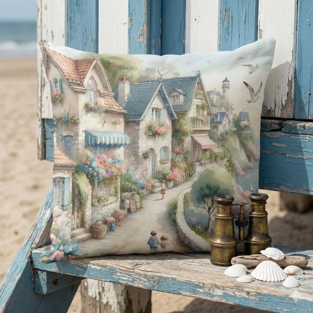 Pastellfärgad kuststugby Semesterescape Kudde (Pastel Coastal Cottage Village Escape Throw Pillow Mockup A)