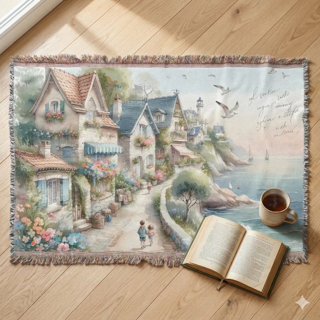 Pastellfärgad kuststugby-utflykt filt (Pastel Coastal Cottage Village Escape Throw Blanket ON Floor)
