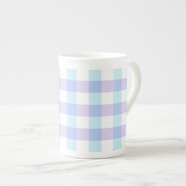 Pastellfärgad lila gingham benporslin mugg (Framsida höger)