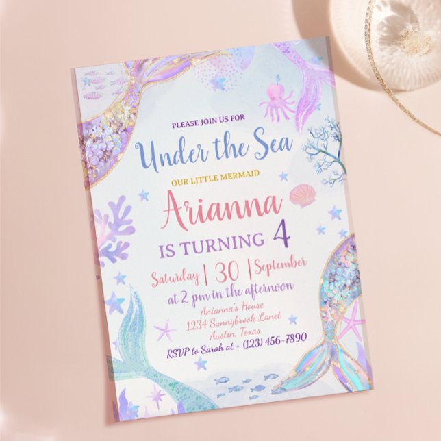 Pastellfärgad lila rosa sjöjungfru födelsedagsflic inbjudningar (Pastel Purple Pink Mermaid Birthday Girl Glitter Invitation)