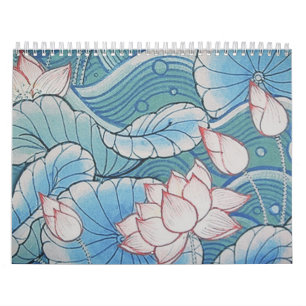 Pastellfärgad orientalisk rosa- & blåttblommigt kalender