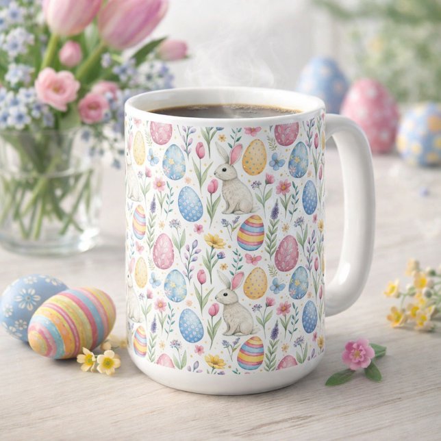 Pastellfärgad påskäggs- och kaninmönsterillustrati kaffemugg (Skapare uppladdad)