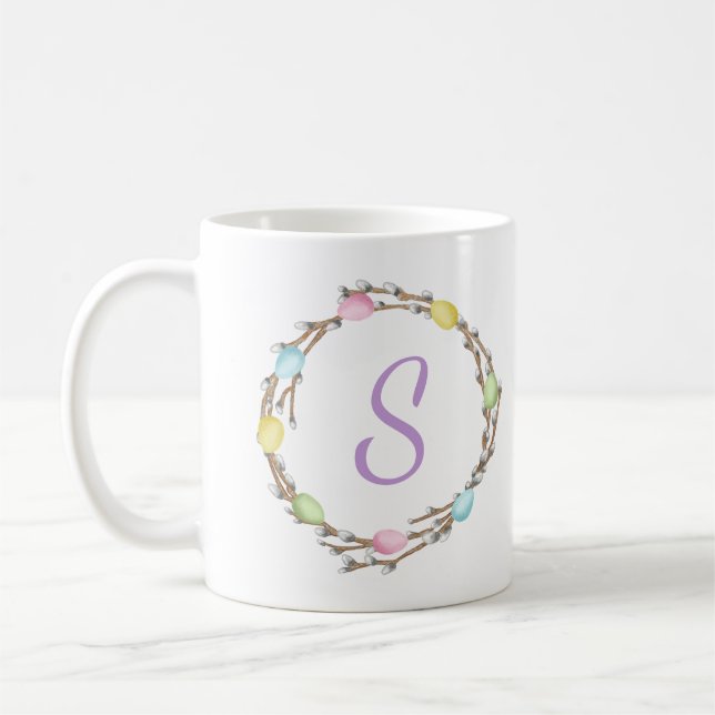Pastellfärgad påskpilkrona med lila monogram kaffemugg (Vänster)