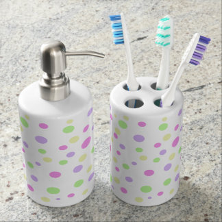 Pastellfärgad polka dotsbadrumuppsättning tvålpump & tandborsthållare