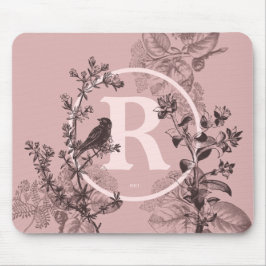 Pastellfärgad rosa Monogramfågel och blom- design Musmatta