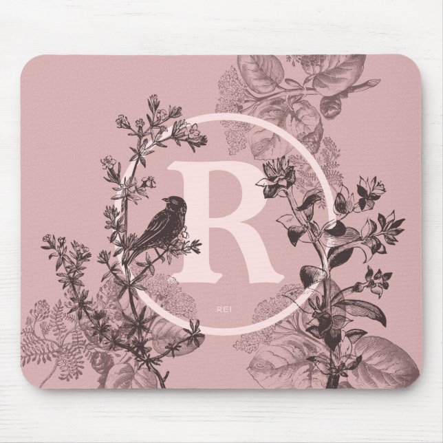 Pastellfärgad rosa Monogramfågel och blom- design Musmatta (Framsidan)