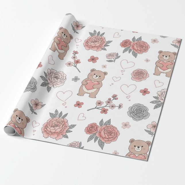 Pastellfärgad Teddybjörn Nurseriesyddnad Presentpapper (Utrullad)