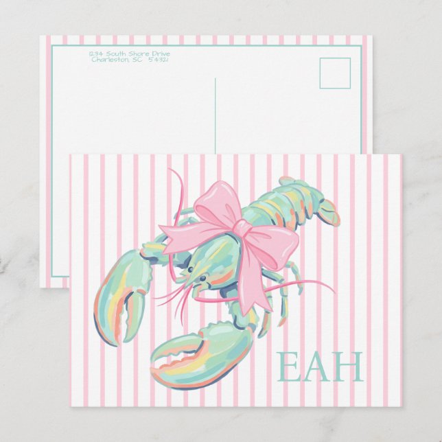 Pastellfärgad Vattenfärg Hummer Monogram med Prepp Vykort (Fram/baksida)