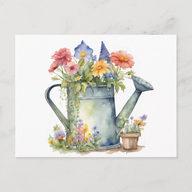 Pastellfärgad vattenkanna med trädgårdsblommor akv vykort (Framsida)