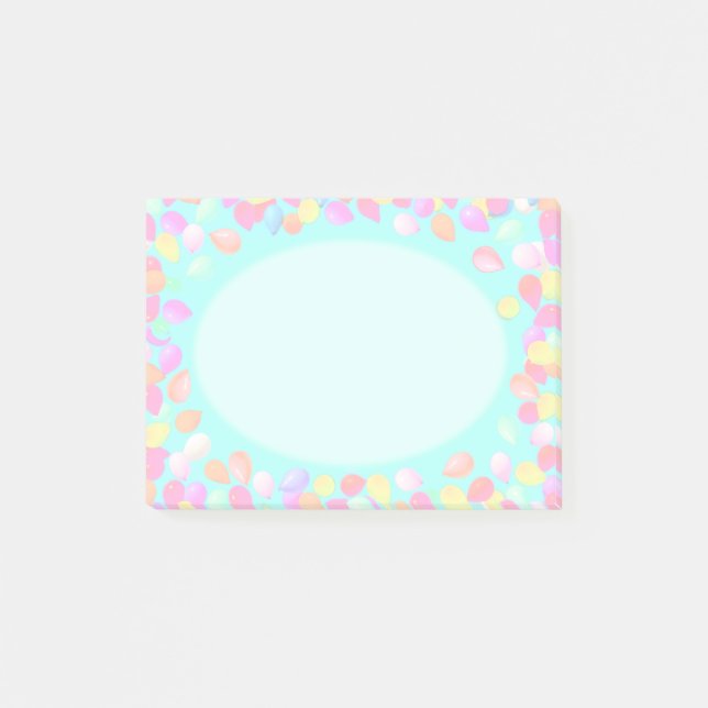 Pastellfärgade ballonger med flera färger på ljusb post-it block (Framsida)