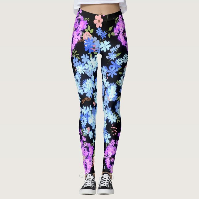 pastellfärgade blommönster Svart bakgrund Leggings (Framsida)