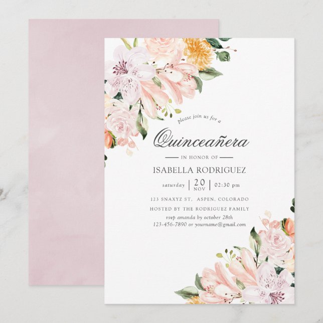 Pastellfärgade blommor Quinceañera Inbjudningar (Fram/baksida)