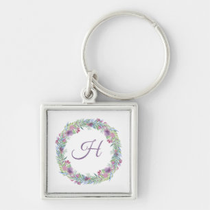 Pastellfärgade blomsterkrans med monogram fyrkantig silverfärgad nyckelring