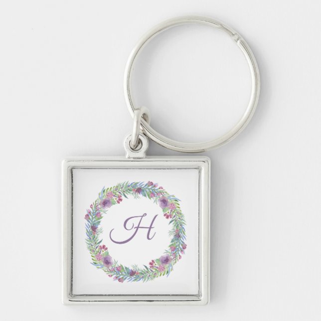 Pastellfärgade blomsterkrans med monogram fyrkantig silverfärgad nyckelring (Framsidan)