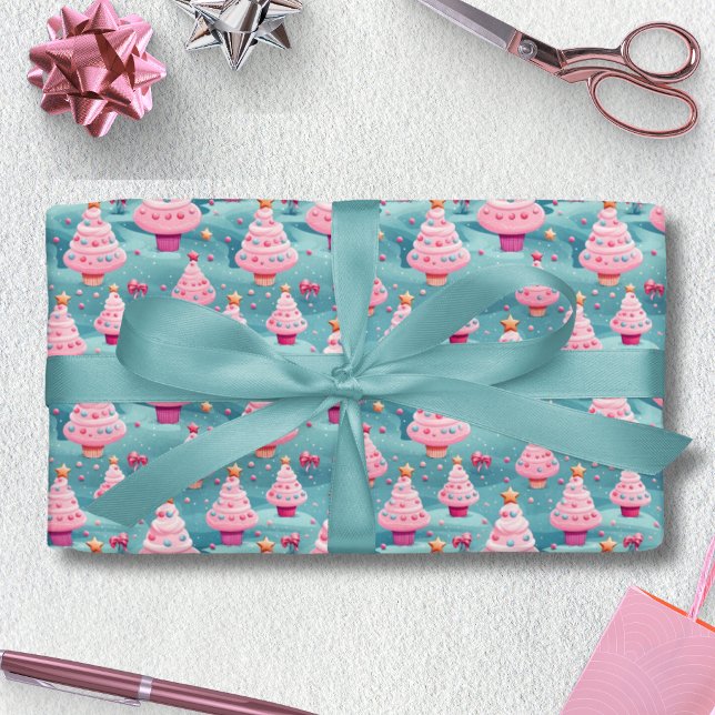 Pastellfärgade Cupcake Julgranar Presentpapper (Pastel Cupcake Christmas Trees Wrapping Paper)