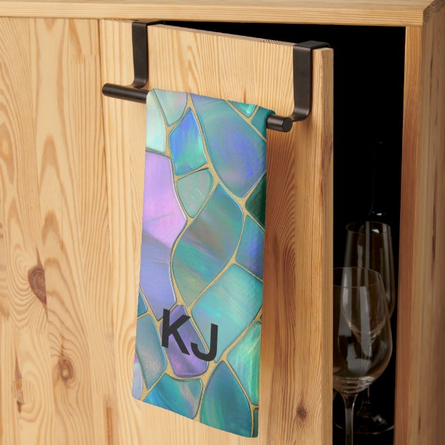 Pastellfärgade glasmålningar i mosaikmönster kökshandduk (Thirds Fold)