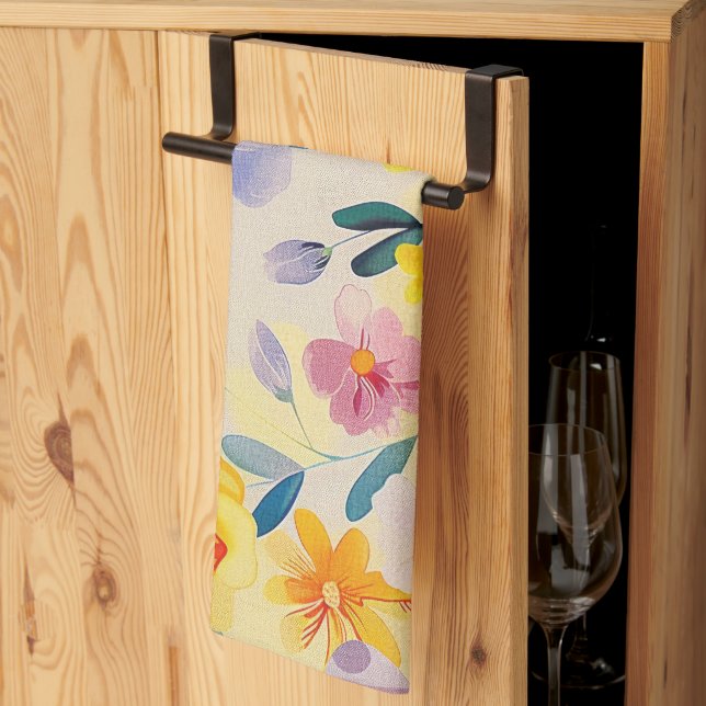 Pastellfärgade målade blommor kökshandduk (Thirds Fold)