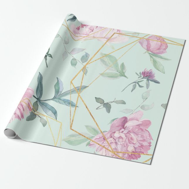 Pastellfärgade Peonior Geometriskt Blommigt Bröllo Presentpapper (Utrullad)