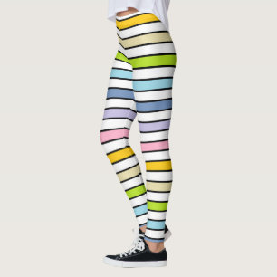 Pastellfärgade regnbåge-, vit- och svartrandar leggings