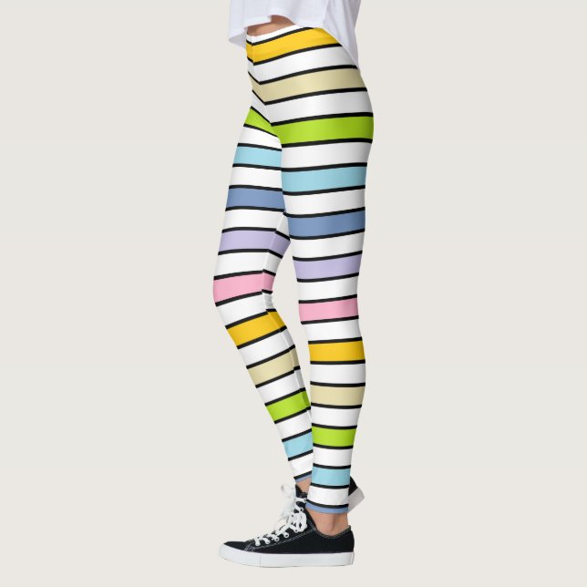 Pastellfärgade regnbåge-, vit- och svartrandar leggings (Vänster)
