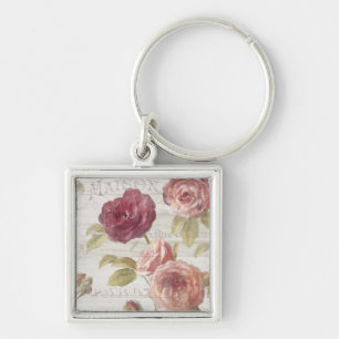 Pastellfärgade rosa franska ro fyrkantig silverfärgad nyckelring
