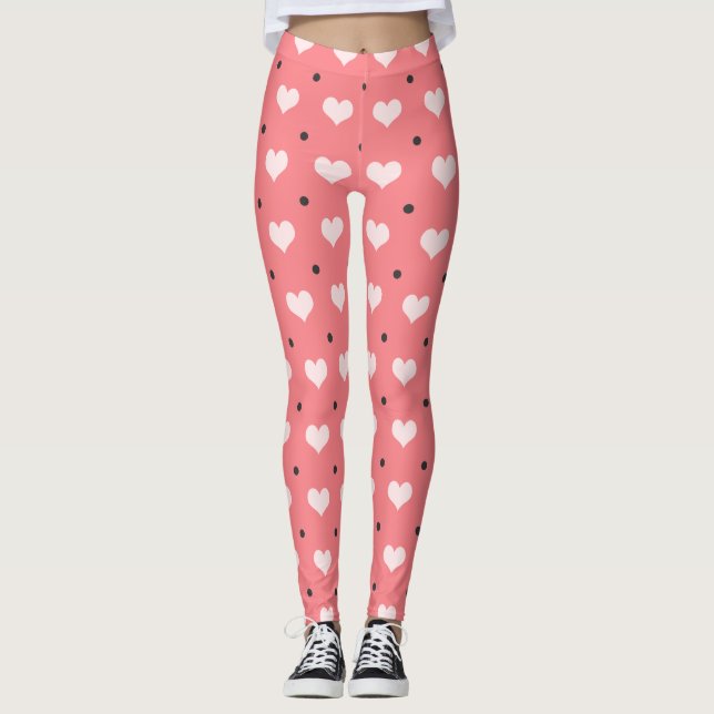 pastellfärgade rosa röda hjärtor, svart polka leggings (Framsida)