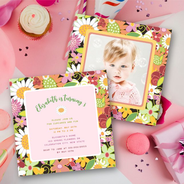 Pastellfärgade vårblommor Foto Flicka Födelsedagsf Inbjudningar (Pink Pastels Spring Flowers Garden Sweet & Chic Girl's Birthday Party Photo Invitation @ fat_fa_tin)