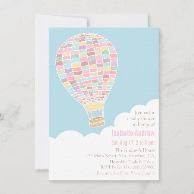 Pastellfärgade varmluftsballong-baby shower-inbjud inbjudningar (Framsida)