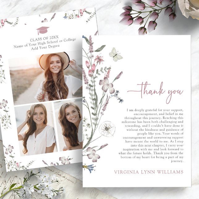 Pastellfärgade vilda blommor Foto Tack Kort (Pastel Wildflowers Photo Thank You Card with Butterfly by Painted Paperie
)